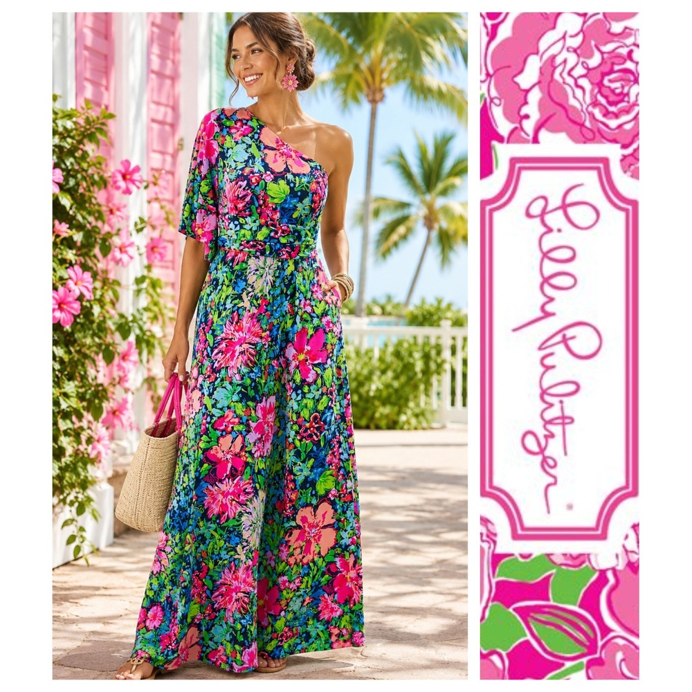 Lilly Pulitzer Niki One Shoulder Maxi Dress Tropical Floral Resort Vacation M